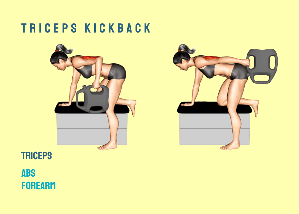 Woman performing a triceps kickback on a bench with an AguaForce water weight