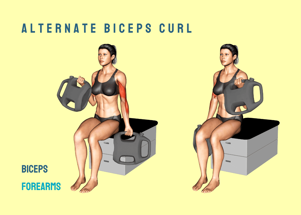 Woman performing alternating biceps curls with AguaForce water weights