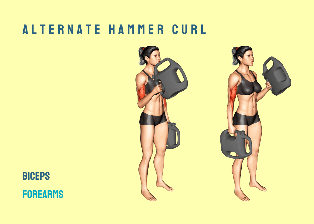 Woman performing alternating hammer curls with AguaForce water weights