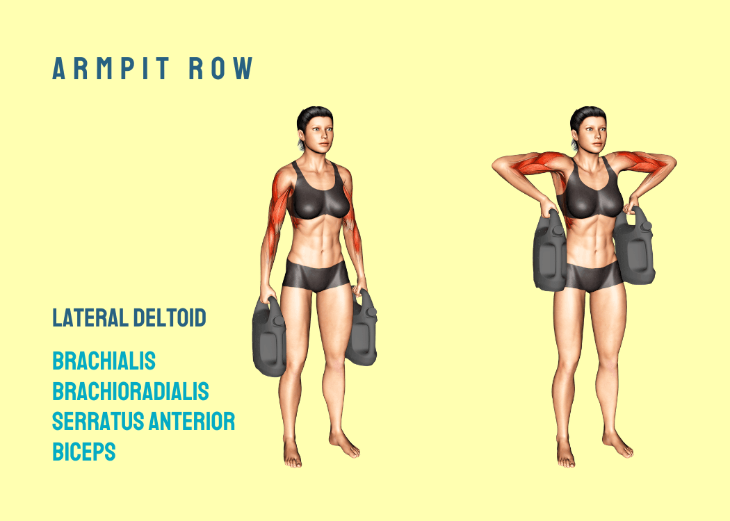 Woman performing an armpit row with AguaForce water weights