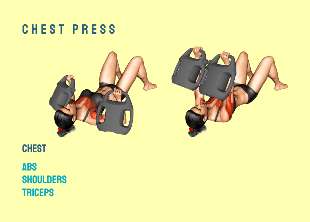 Woman performing a chest press on the floor with AguaForce water weights