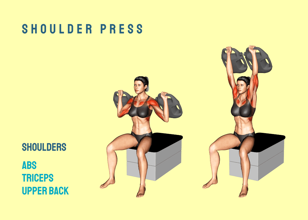 Woman performing a seated shoulder press with AguaForce water weights
