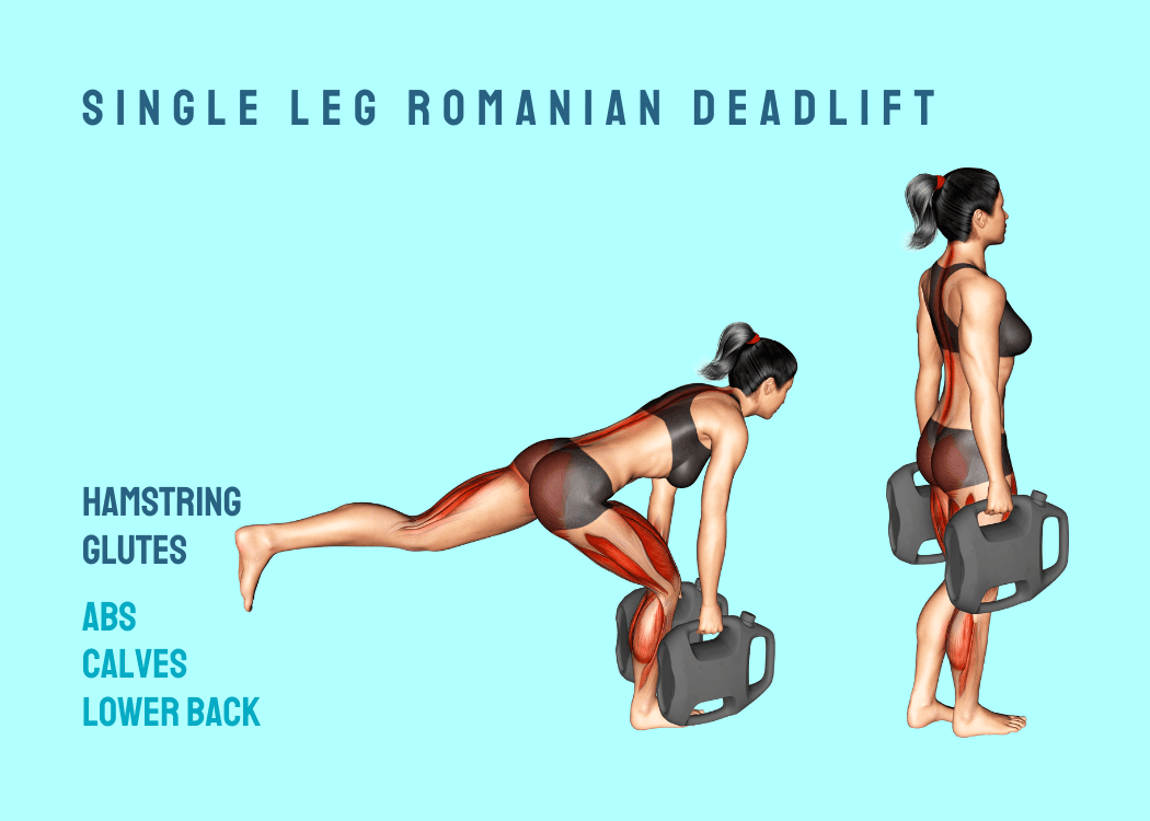 Woman performing a single leg Romanian deadlift with an AguaForce water weight