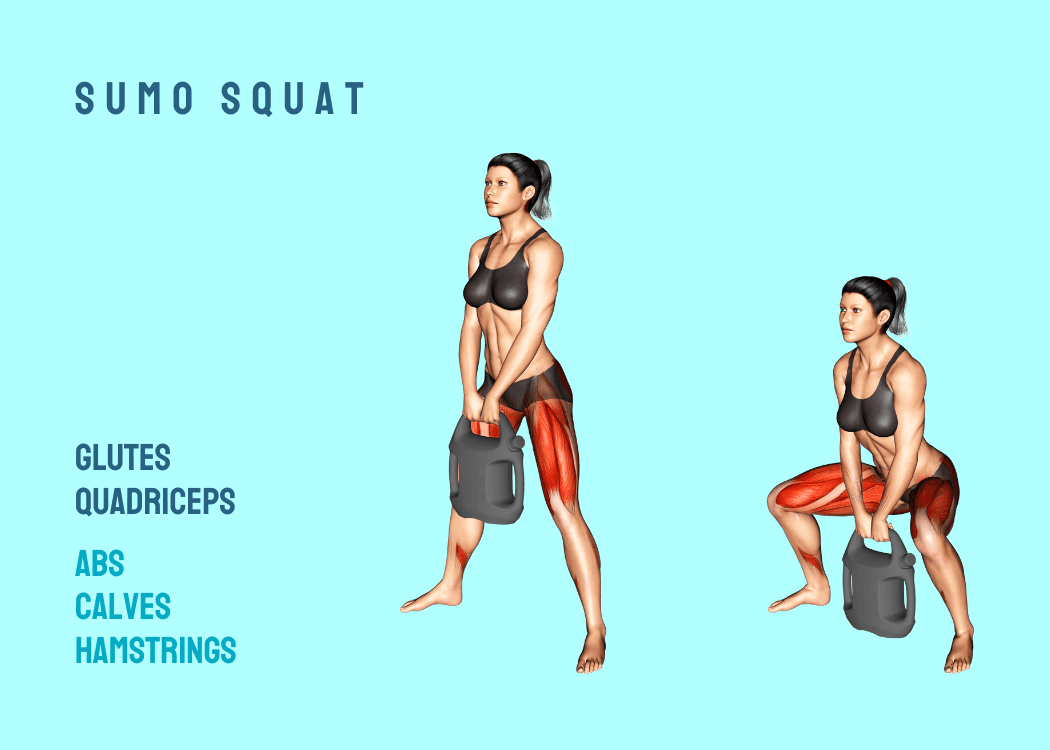 Woman performing a sumo squat with an AguaForce water weight