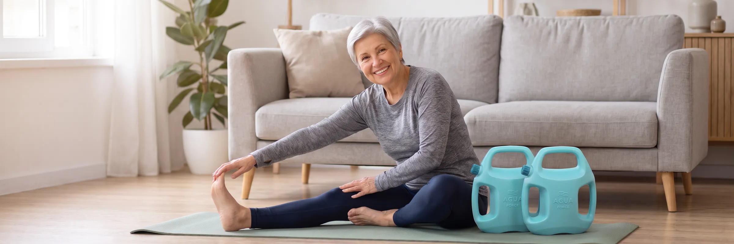 Smiling senior woman stretching on a yoga mat beside her sofa, with two AguaForce water-filled weights next to her
