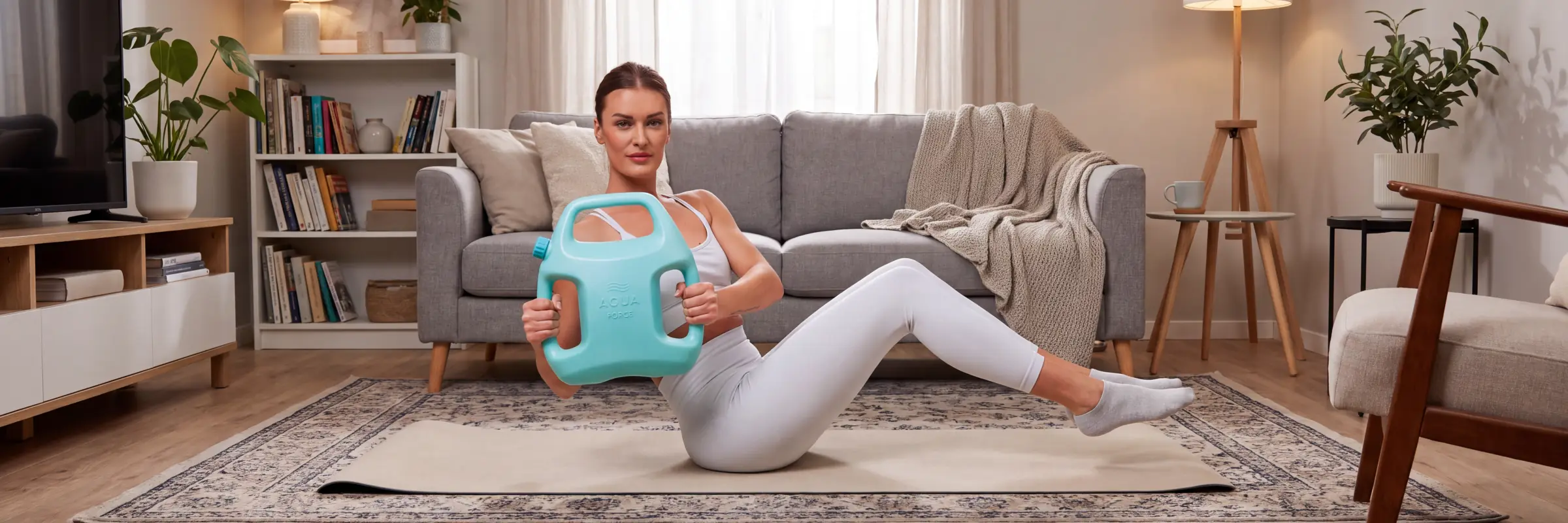 Woman in socks doing a Russian twist with an AguaForce water-filled weight on a yoga mat in a small, furnished apartment living room, between a sofa, a TV stand, a bookshelf, an armchair and a side table